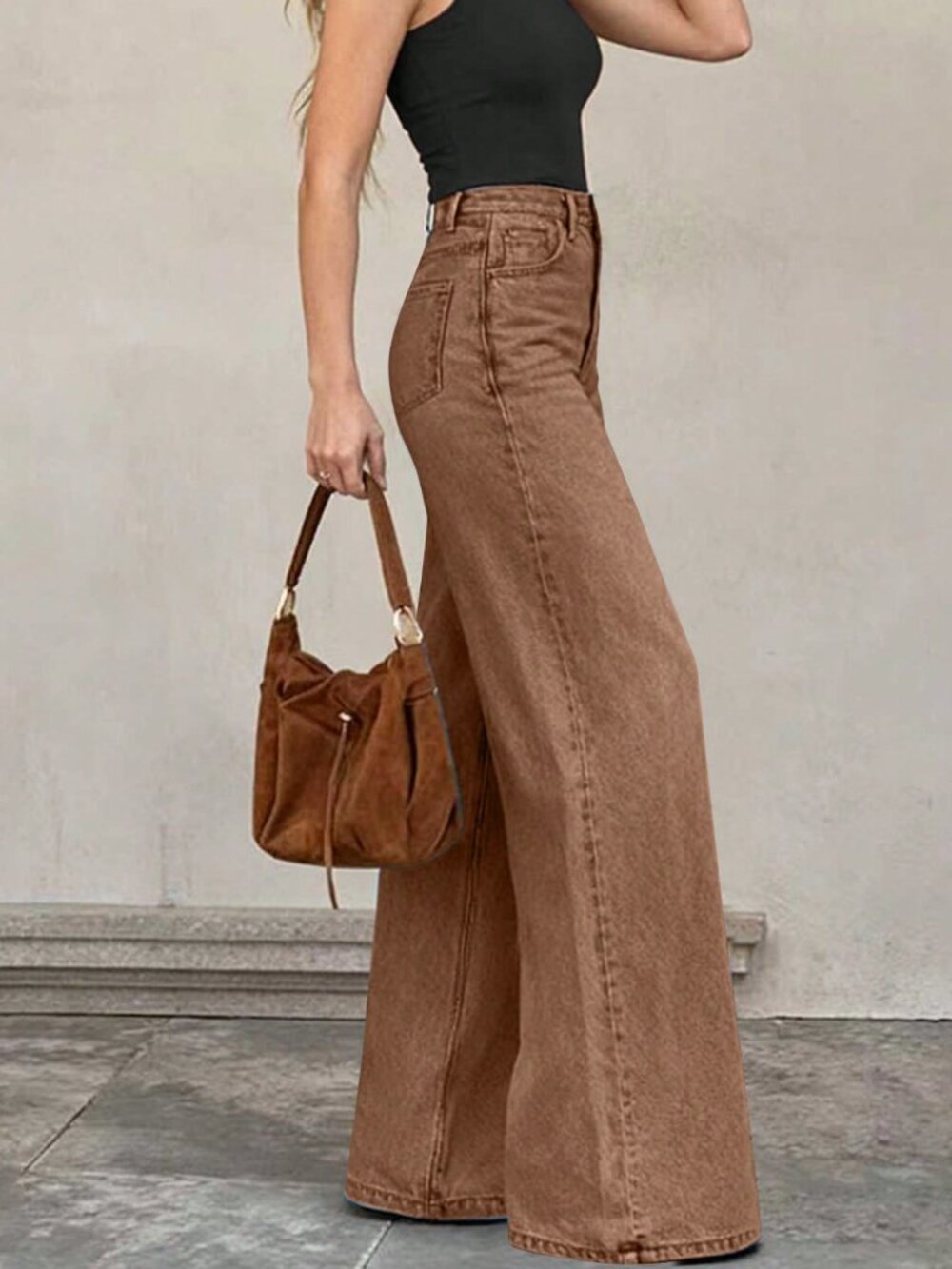 Coffee Brown Casual Women's Wide Leg Pants with Pockets, Zipper Detail - Picture 3 of 7